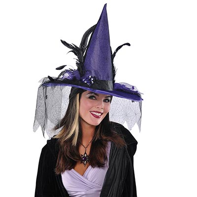 Шляпа Ведьмы Вуаль Перья фиолетовая