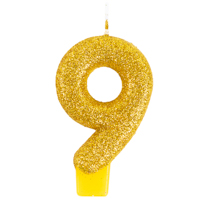 Свеча-цифра "9" Блестящая золотая 7,6см