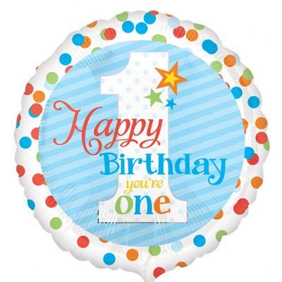 Happy Birthday Шар 18&quot;, HB 1 годик Горошек разноцветн 1202-2343