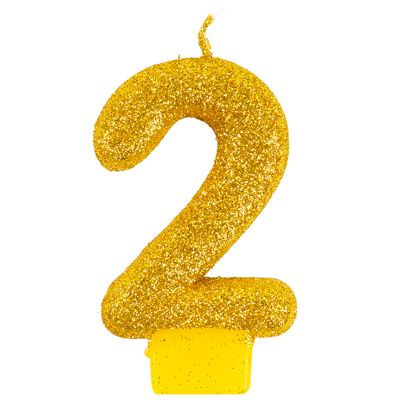 Свеча-цифра "2" Блестящая золотая 7,6см