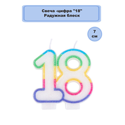 Свеча -цифра 18 Радужная блеск 7см
