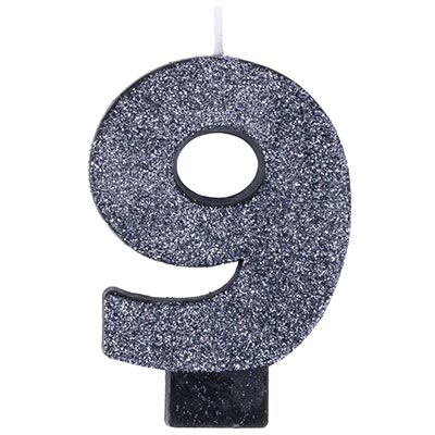 Свеча цифра "9" Черная Глиттер, 8 см