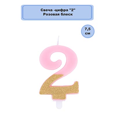 Свечи для торта Свеча -цифра "2" Розовая блеск 7,5см