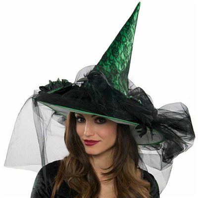 Шляпа Ведьмы Вуаль Ворон зеленая